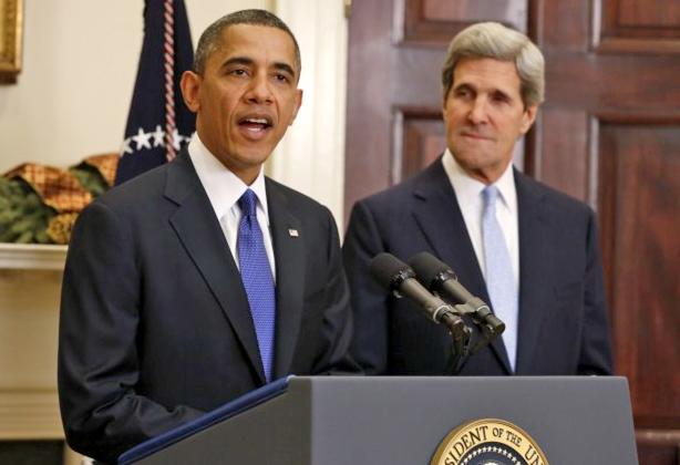 President Obama speaks to the press with Secretary of State John Kerry