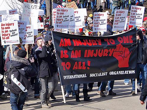 A contingent organized by the International Socialist Organization marching against union-busting in Madison