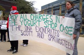 Members of the Campaign to End the Death Penalty demonstrate in support of the Yogurt Shop defendants