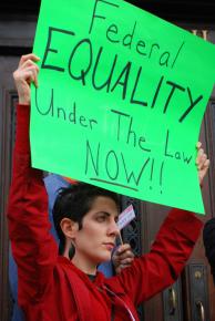 A protester in Albany, N.Y., reacts to the California Supreme Court ruling upholding Proposition 8