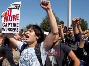 Foreign students on strike at a Hershey's packing plant
